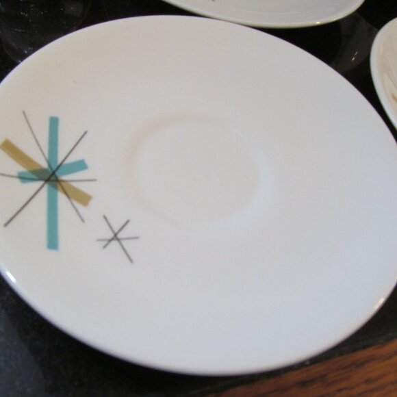 5 Vintage MCM Salem North Star Atomic Starburst Saucers Turquoise & Tan 1960s - Picture 9 of 16